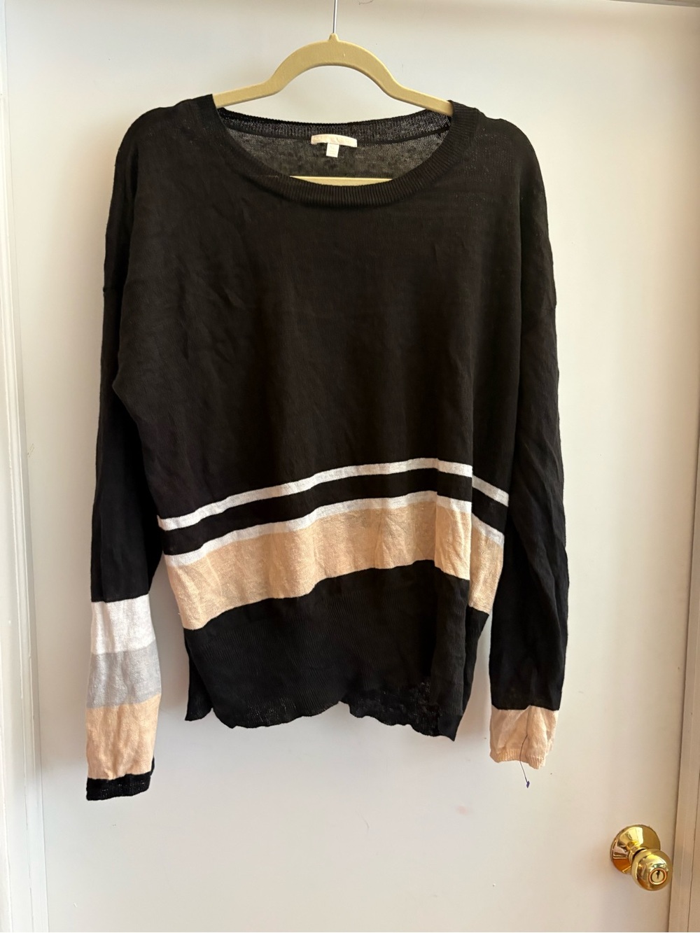 Lisa Todd Black Crewneck Sweater with Beige and White Stripes